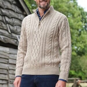 WooLovers Tan British Wool Aran Long Sleeve‎ 1/4 Zip Cable Knit Sweater Mens XXL